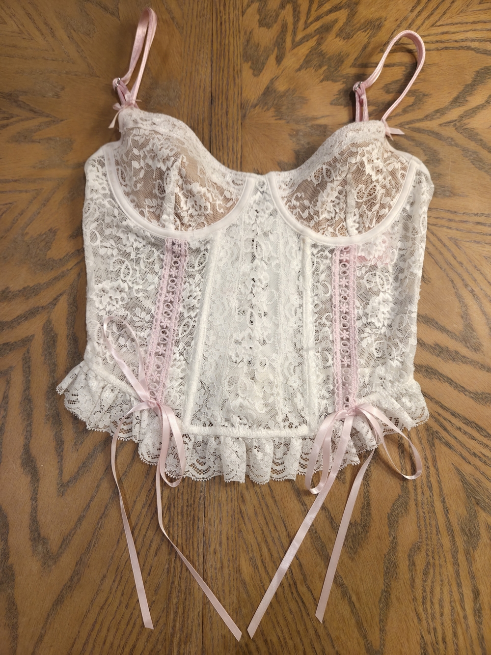 Edikted Nicolette White Lace Corset Top Pink Bows Coquette Size S